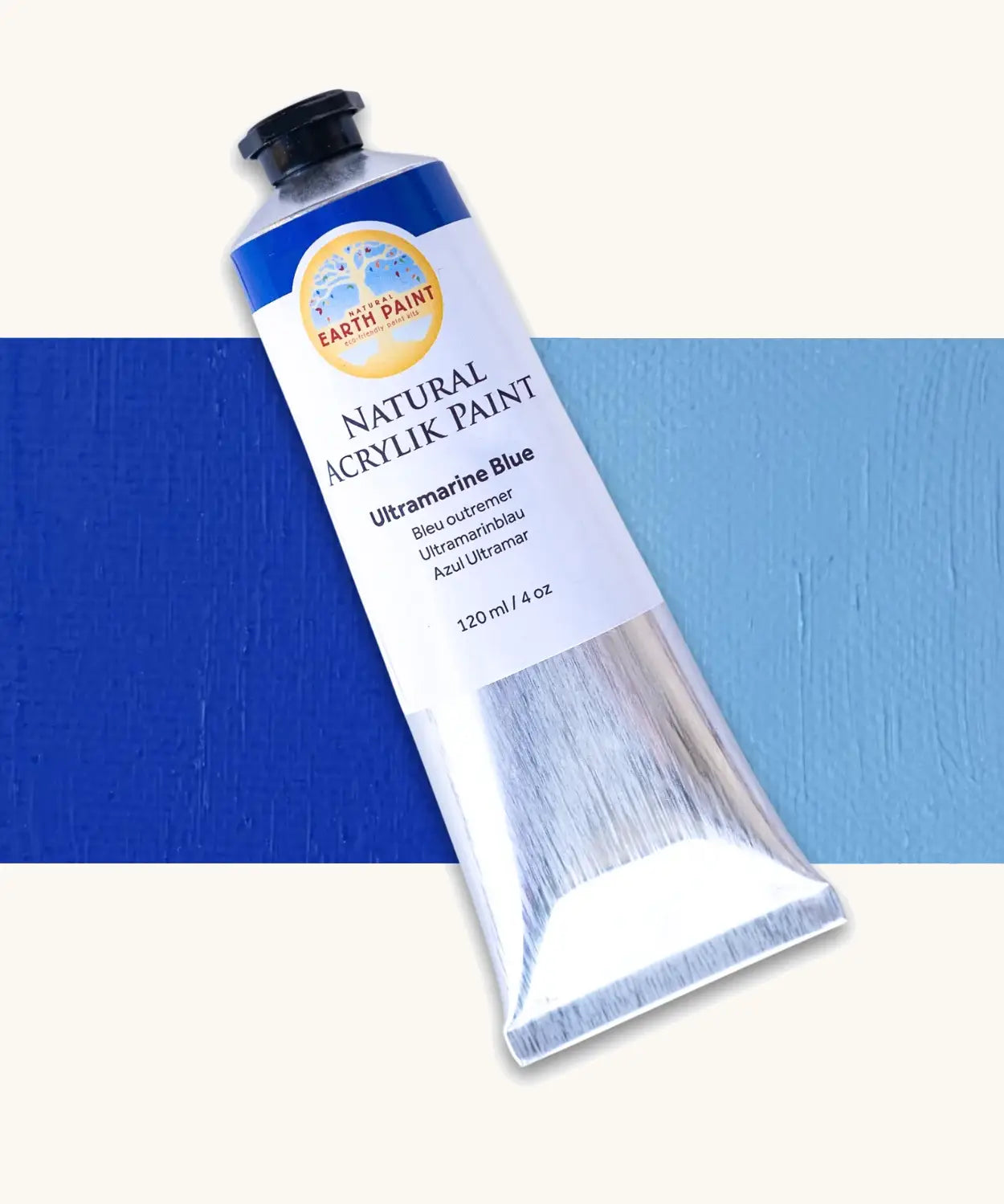 Natural Earth Paint ultramarine blue acrylic paint in a 120ml aluminium tube. Features a black screw cap