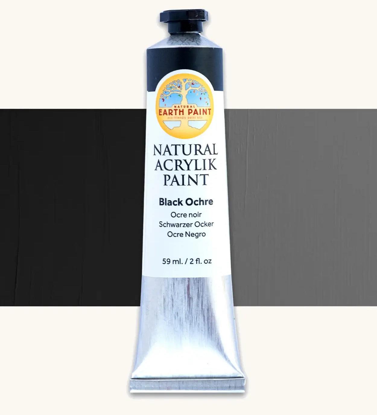 Natural Earth Paint black ochre natural acrylic paint in a 59ml aluminium tube and closed with a black screw cap.