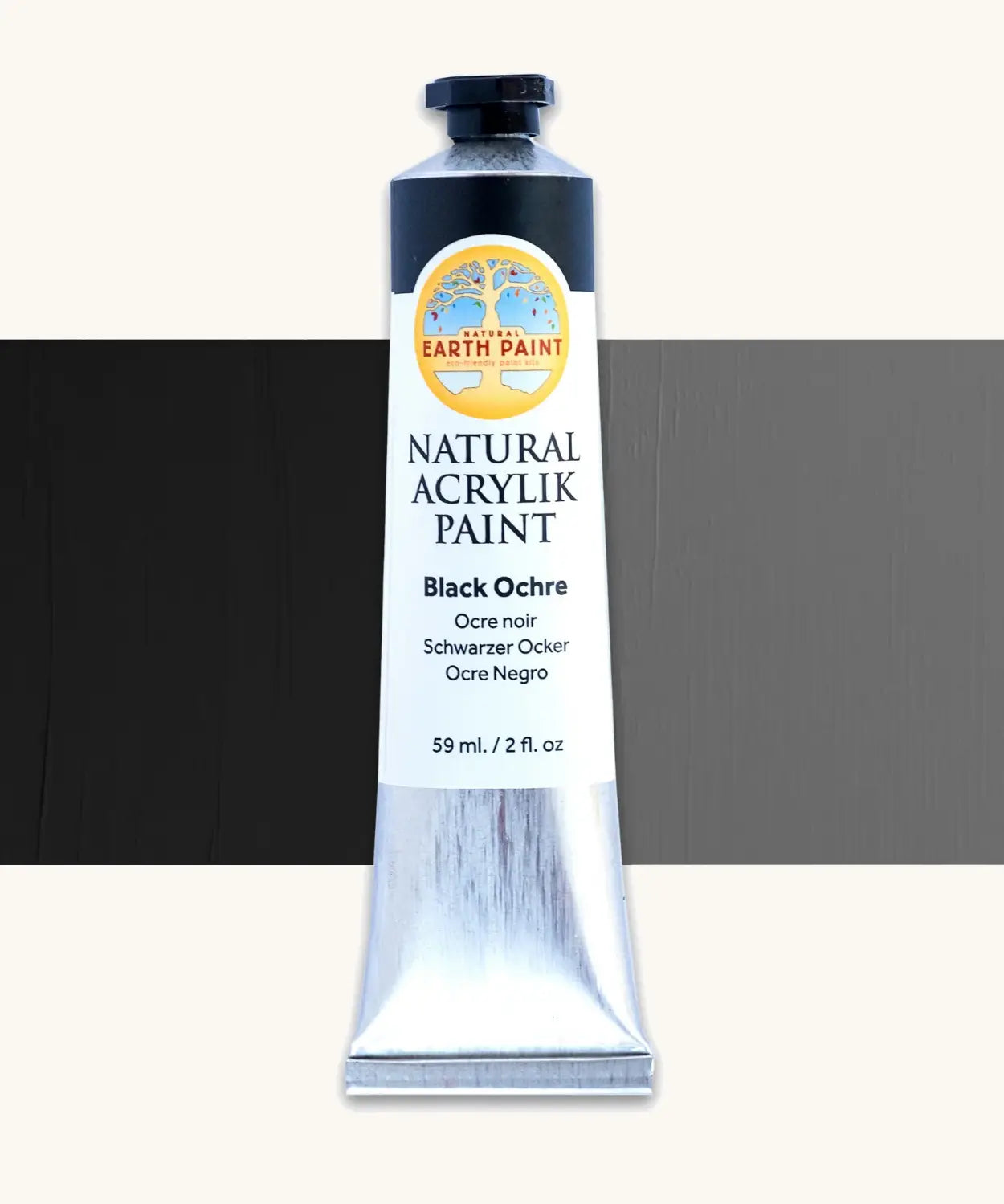 Natural Earth Paint black ochre natural acrylic paint in a 59ml aluminium tube and closed with a black screw cap.