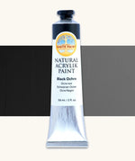 Natural Earth Paint black ochre natural acrylic paint in a 59ml aluminium tube and closed with a black screw cap.