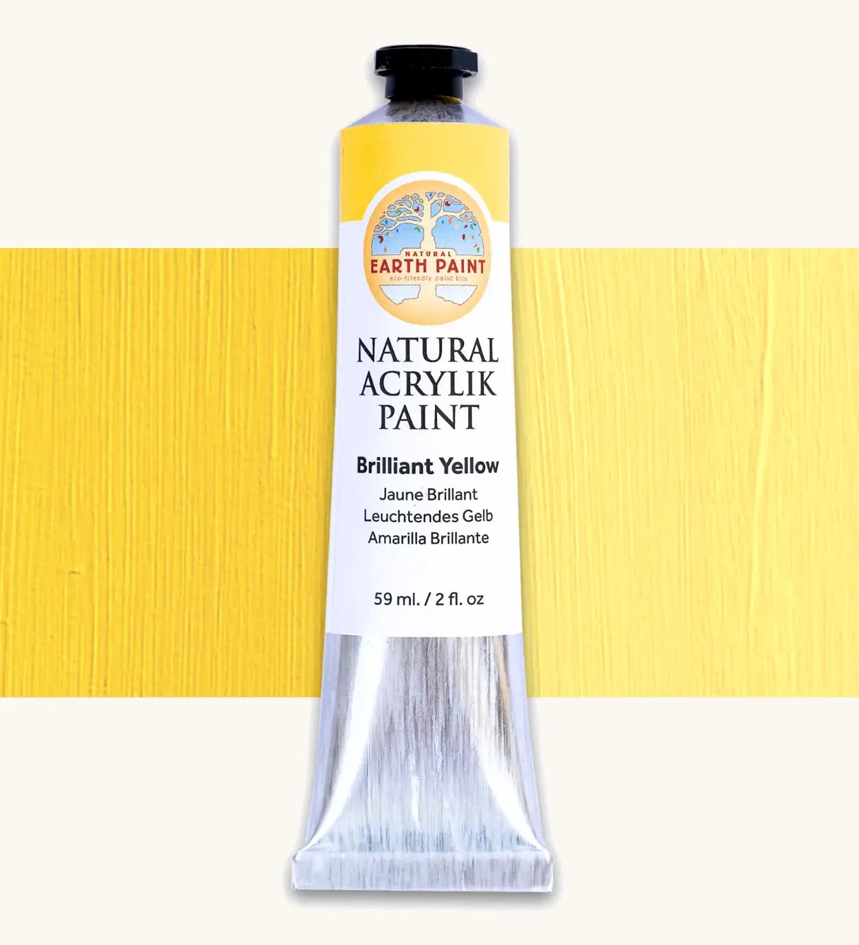 Natural Earth Paint brilliant yellow natural acrylic paint in a 59ml aluminium tube and closed with a black screw cap.