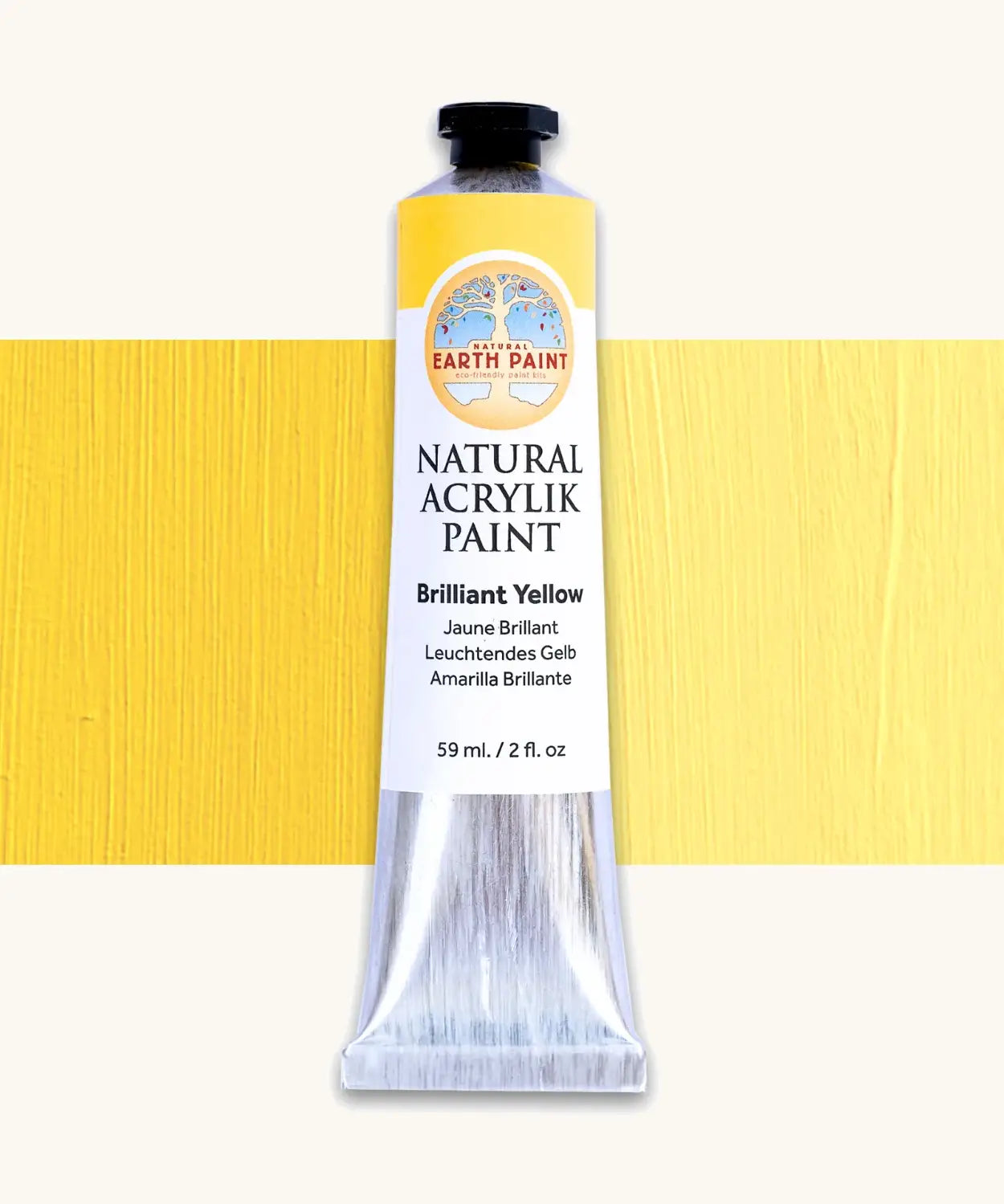 Natural Earth Paint brilliant yellow natural acrylic paint in a 59ml aluminium tube and closed with a black screw cap.
