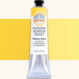 Natural Earth Paint brilliant yellow natural acrylic paint in a 59ml aluminium tube and closed with a black screw cap.