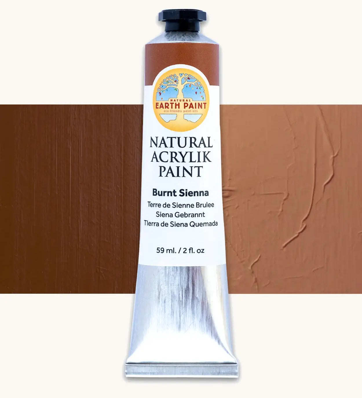 Natural Earth Paint burnt sienna natural acrylic paint in a 59ml aluminium tube and closed with a black screw cap.