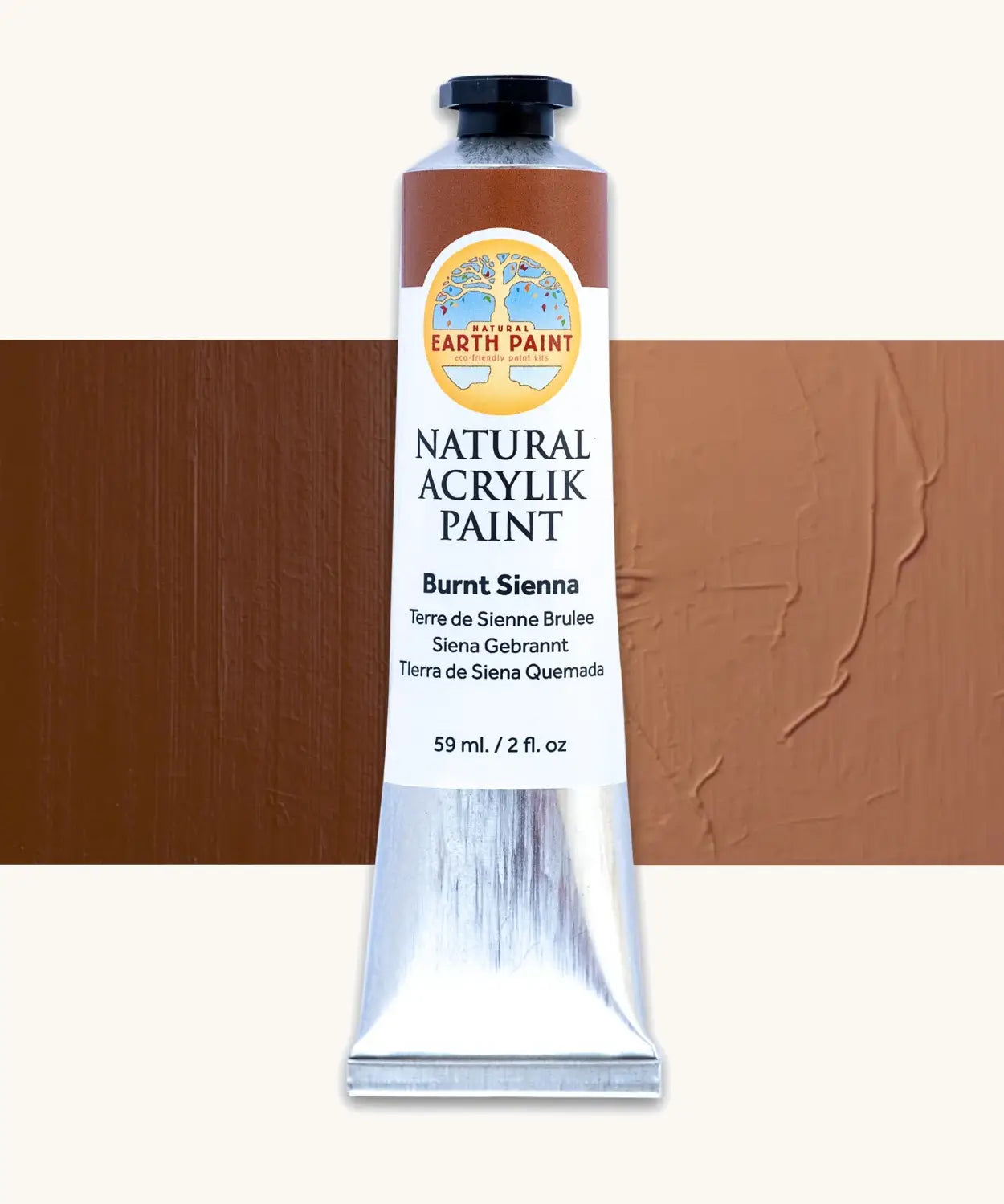 Natural Earth Paint burnt sienna natural acrylic paint in a 59ml aluminium tube and closed with a black screw cap.