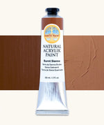 Natural Earth Paint burnt sienna natural acrylic paint in a 59ml aluminium tube and closed with a black screw cap.