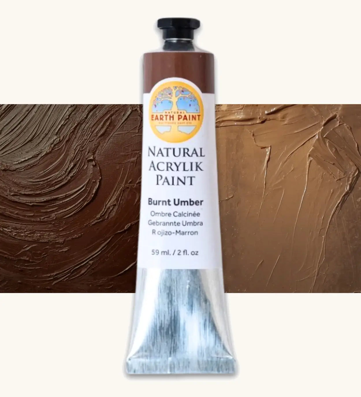 Natural Earth Paint burnt umber natural acrylic paint in a 59ml aluminium tube and closed with a black screw cap.