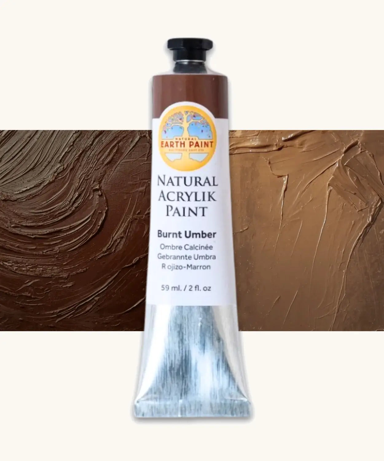 Natural Earth Paint burnt umber natural acrylic paint in a 59ml aluminium tube and closed with a black screw cap.