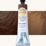 Natural Earth Paint burnt umber natural acrylic paint in a 59ml aluminium tube and closed with a black screw cap.