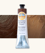 Natural Earth Paint burnt umber natural acrylic paint in a 59ml aluminium tube and closed with a black screw cap.