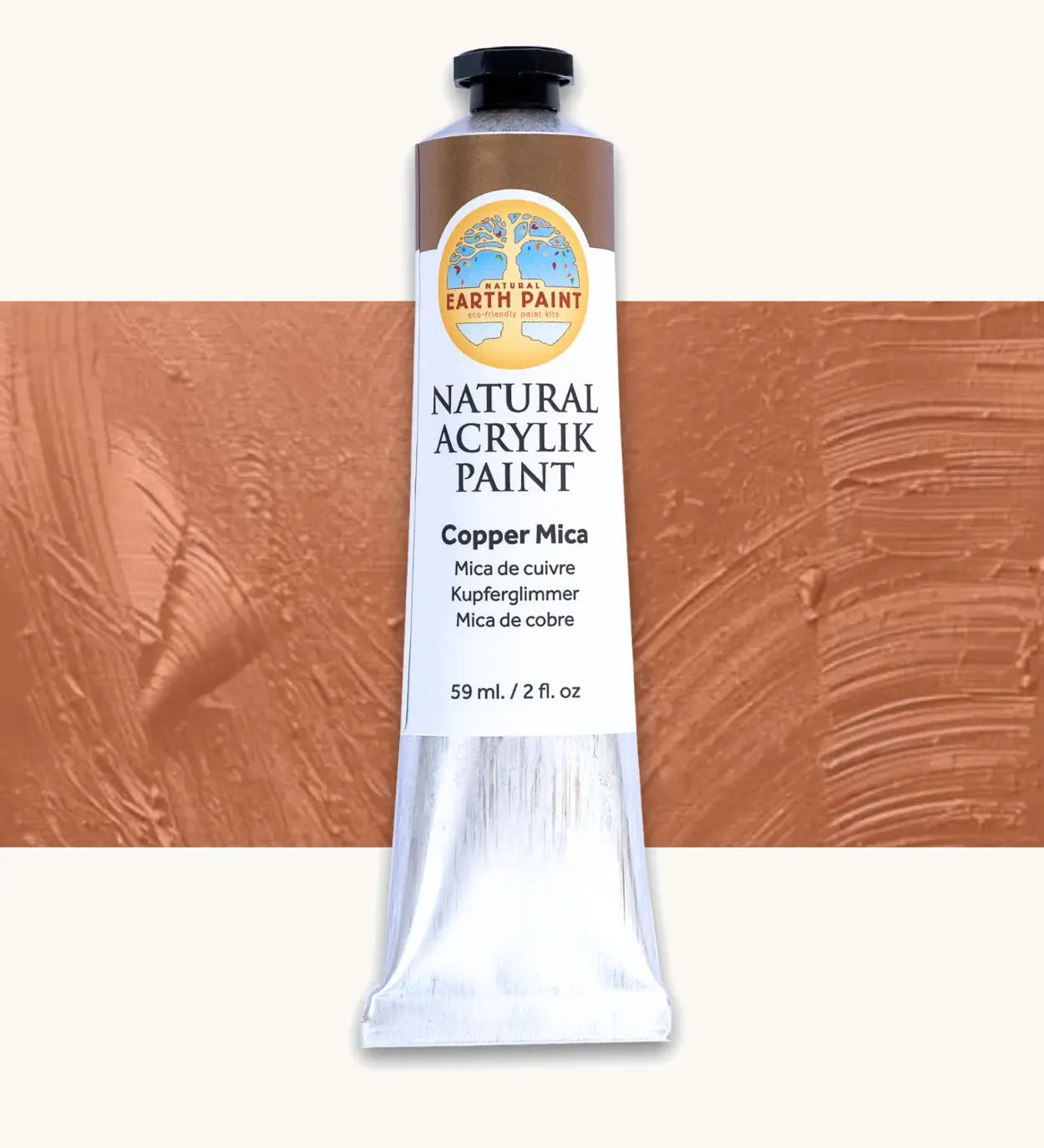 Natural Earth Paint copper mica natural acrylic paint in a 59ml aluminium tube and closed with a black screw cap.