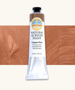 Natural Earth Paint copper mica natural acrylic paint in a 59ml aluminium tube and closed with a black screw cap.