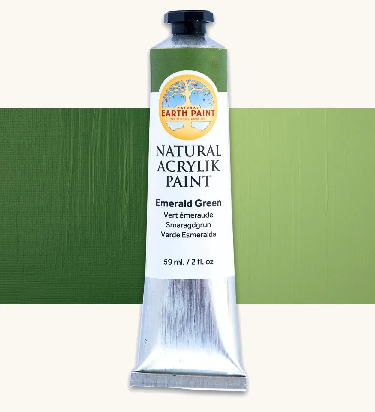 Natural Earth Paint emerald green natural acrylic paint in a 59ml aluminium tube and closed with a black screw cap.