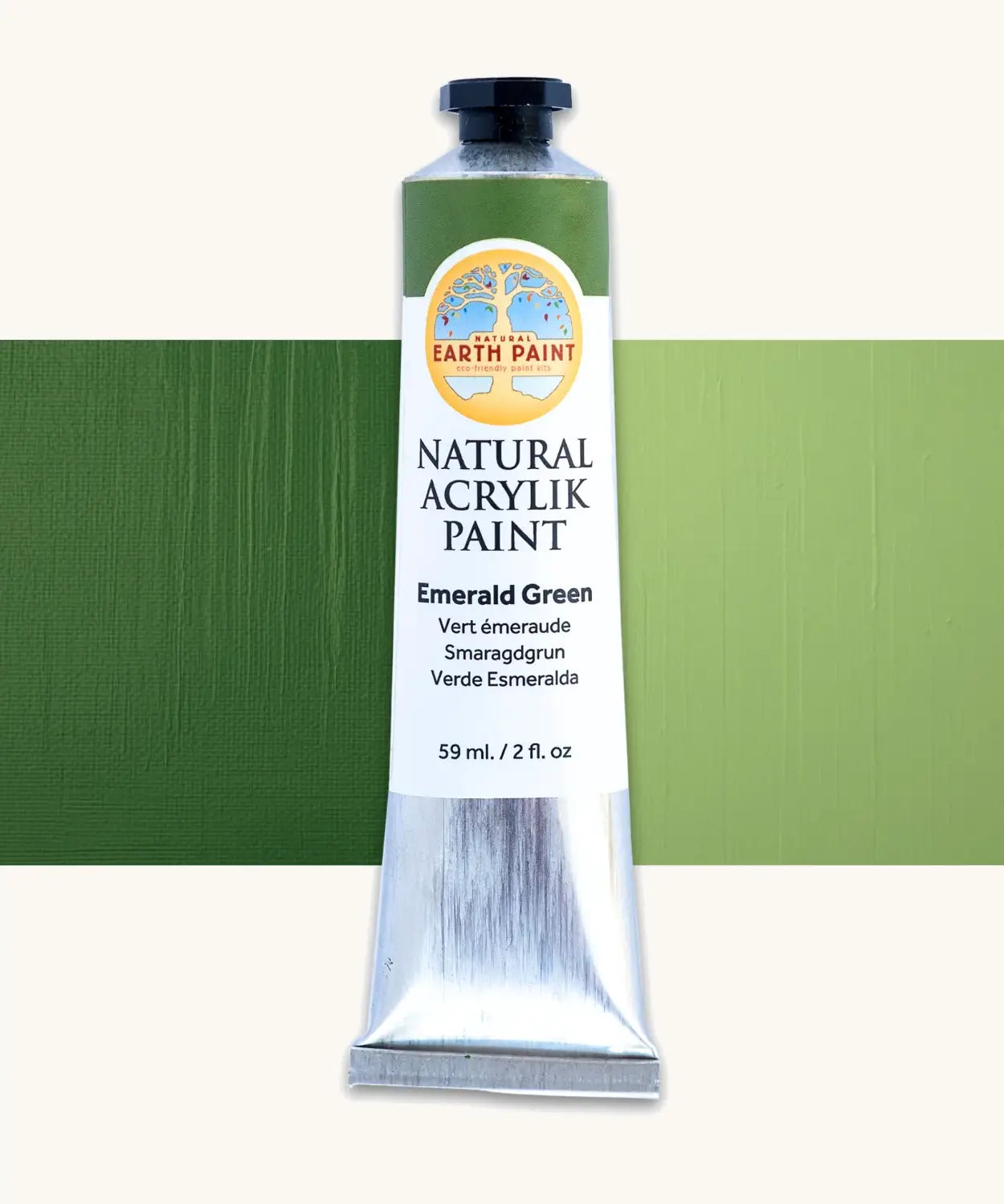 Natural Earth Paint emerald green natural acrylic paint in a 59ml aluminium tube and closed with a black screw cap.