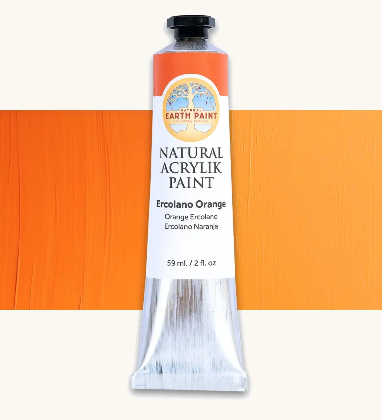 Natural Earth Paint ercolano orange natural acrylic paint in a 59ml aluminium tube and closed with a black screw cap.