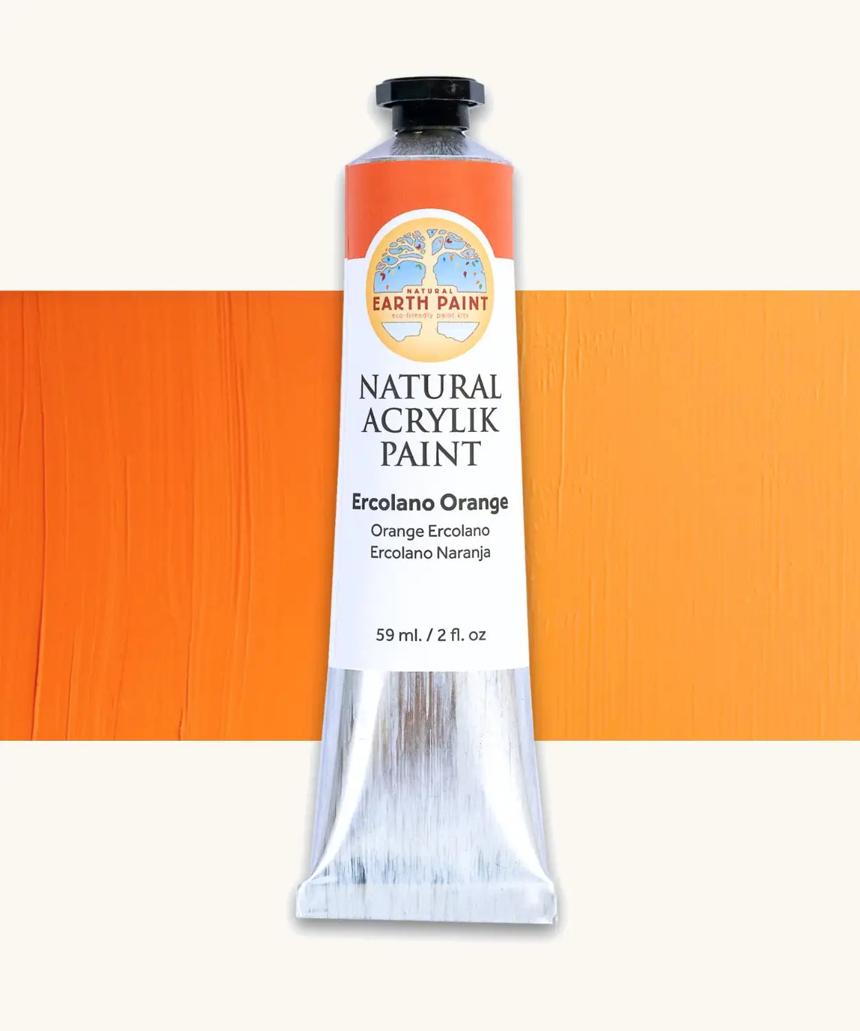 Natural Earth Paint ercolano orange natural acrylic paint in a 59ml aluminium tube and closed with a black screw cap.