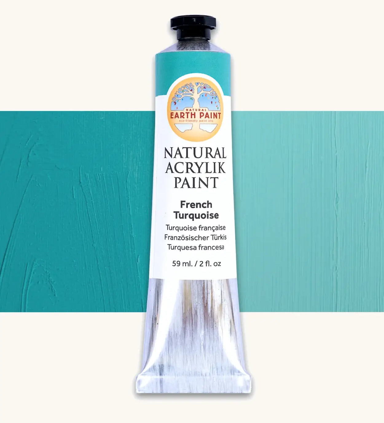 Natural Earth Paint french turquoise natural acrylic paint in a 59ml aluminium tube and closed with a black screw cap.