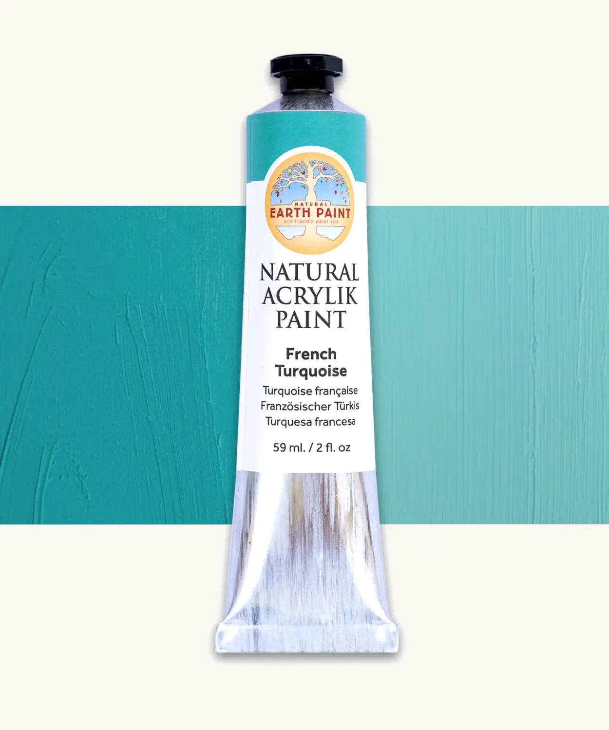 Natural Earth Paint french turquoise natural acrylic paint in a 59ml aluminium tube and closed with a black screw cap.