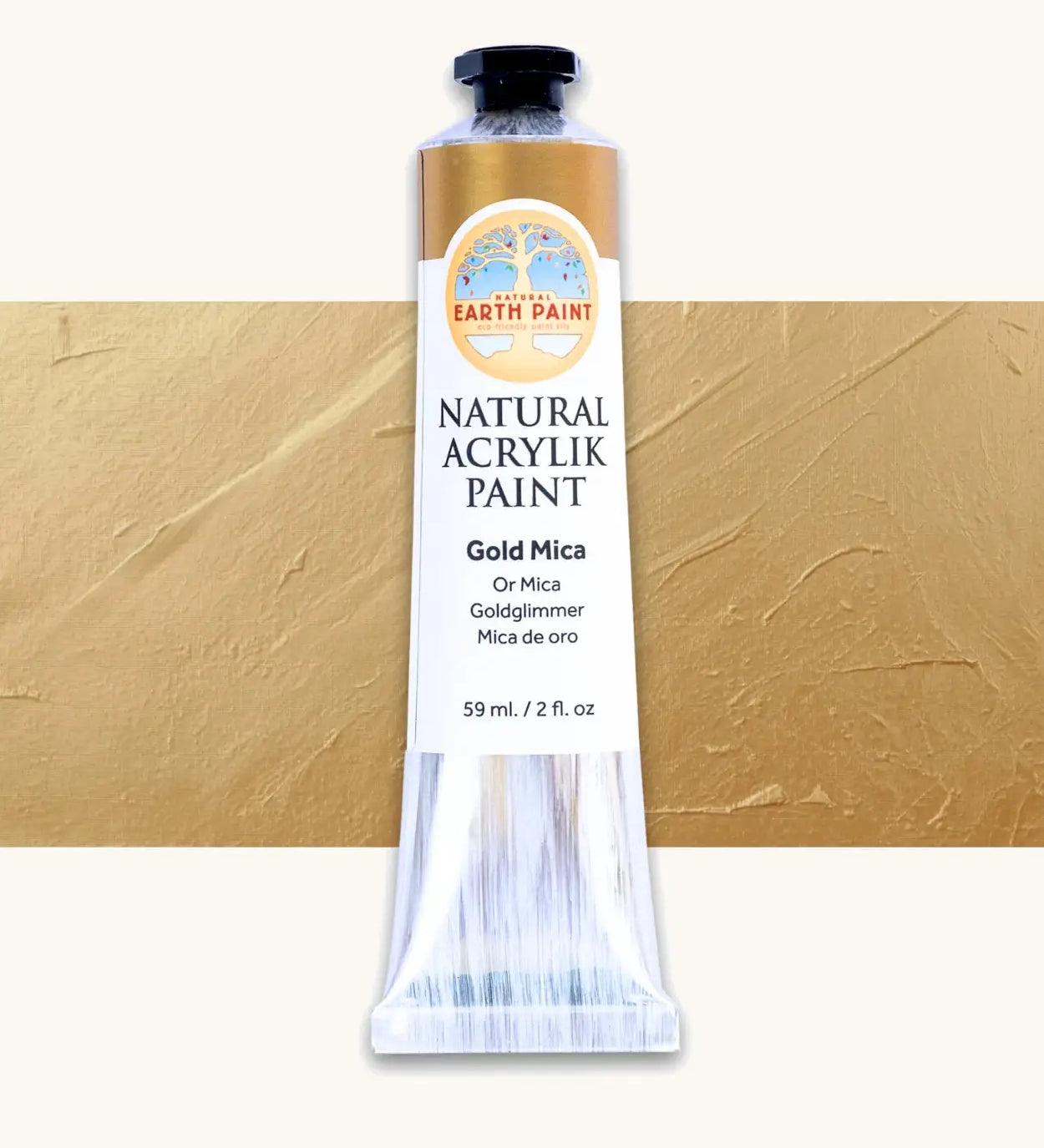 Natural Earth Paint gold mica natural acrylic paint in a 59ml aluminium tube and closed with a black screw cap.