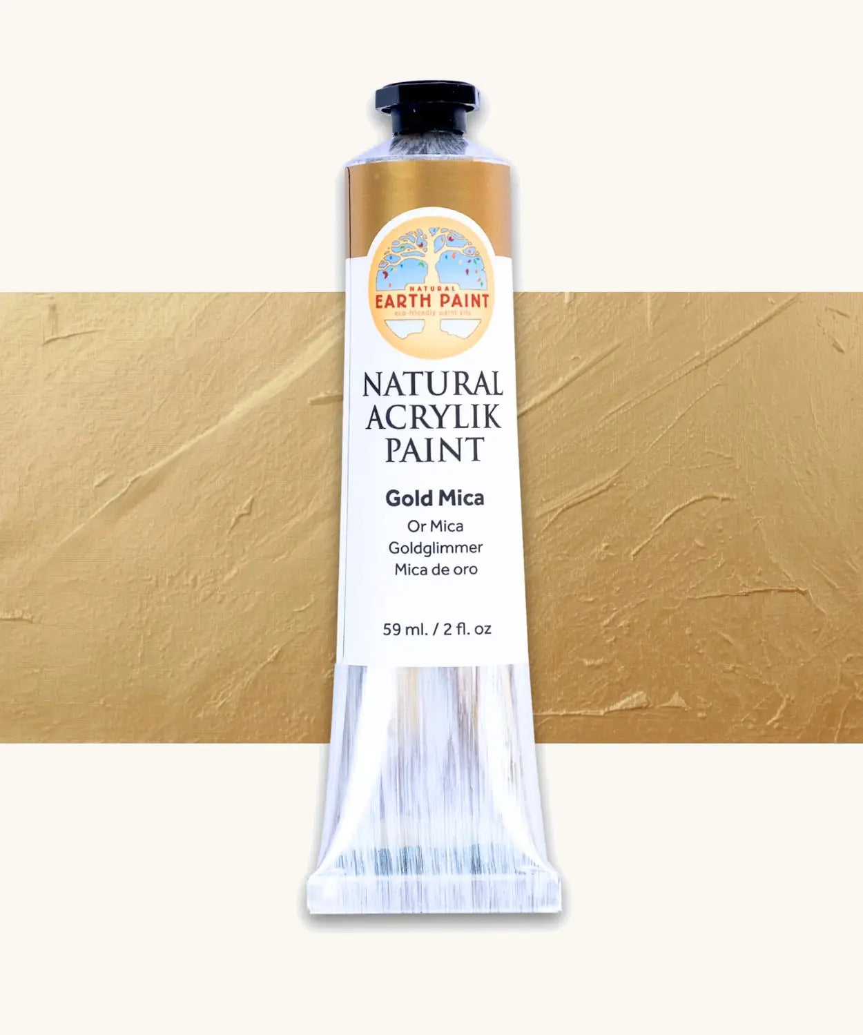 Natural Earth Paint gold mica natural acrylic paint in a 59ml aluminium tube and closed with a black screw cap.