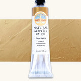 Natural Earth Paint gold mica natural acrylic paint in a 59ml aluminium tube and closed with a black screw cap.