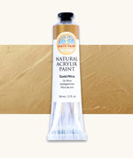 Natural Earth Paint gold mica natural acrylic paint in a 59ml aluminium tube and closed with a black screw cap.