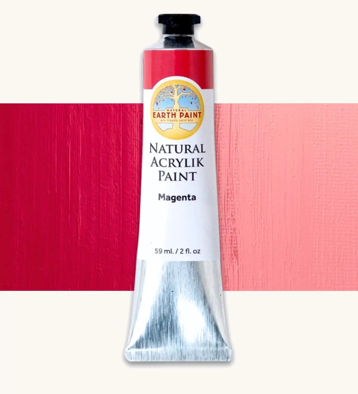 Natural Earth Paint magenta natural acrylic paint in a 59ml aluminium tube and closed with a black screw cap.