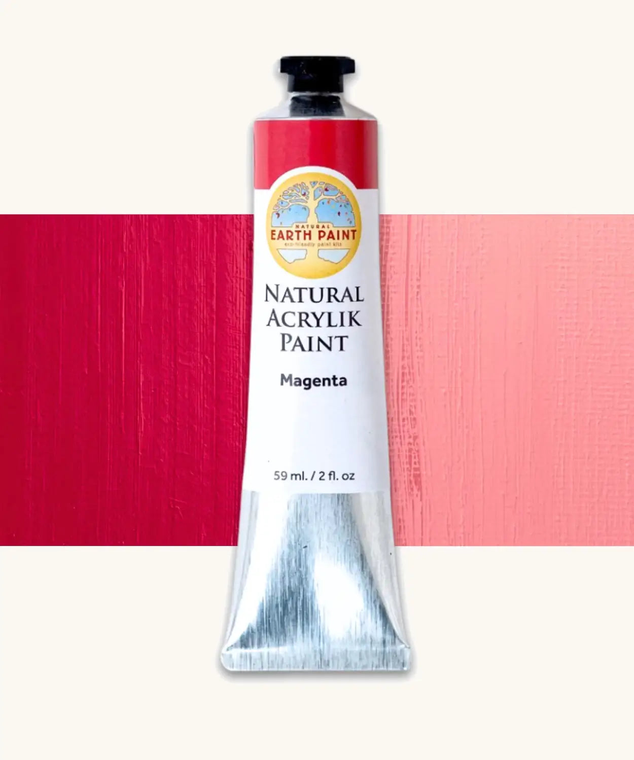 Natural Earth Paint magenta natural acrylic paint in a 59ml aluminium tube and closed with a black screw cap.