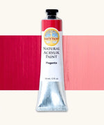 Natural Earth Paint magenta natural acrylic paint in a 59ml aluminium tube and closed with a black screw cap.