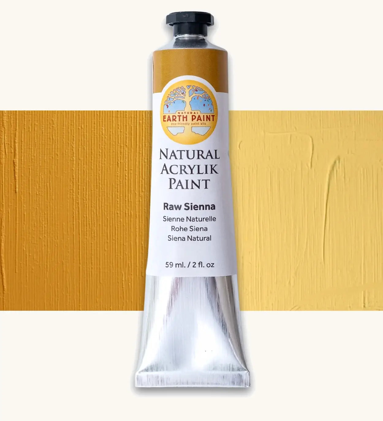 Natural Earth Paint raw sienna natural acrylic paint in a 59ml aluminium tube and closed with a black screw cap.