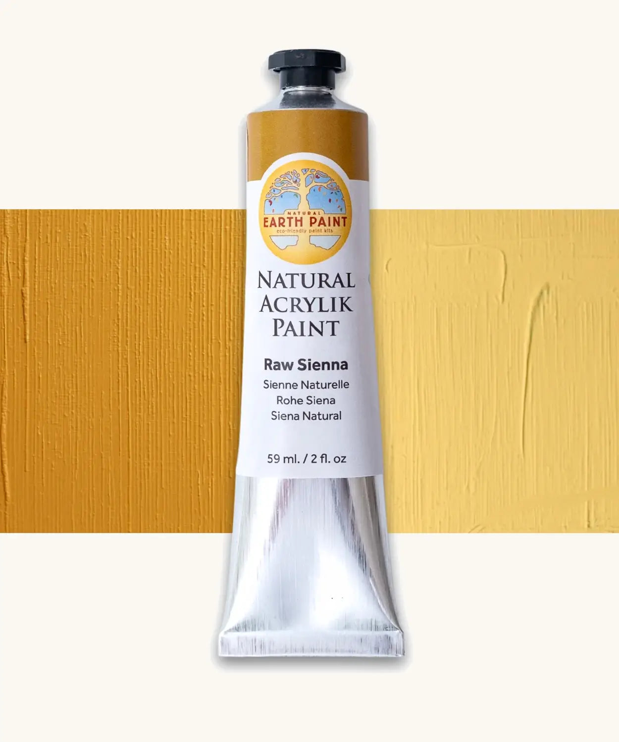 Natural Earth Paint raw sienna natural acrylic paint in a 59ml aluminium tube and closed with a black screw cap.