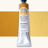 Natural Earth Paint raw sienna natural acrylic paint in a 59ml aluminium tube and closed with a black screw cap.