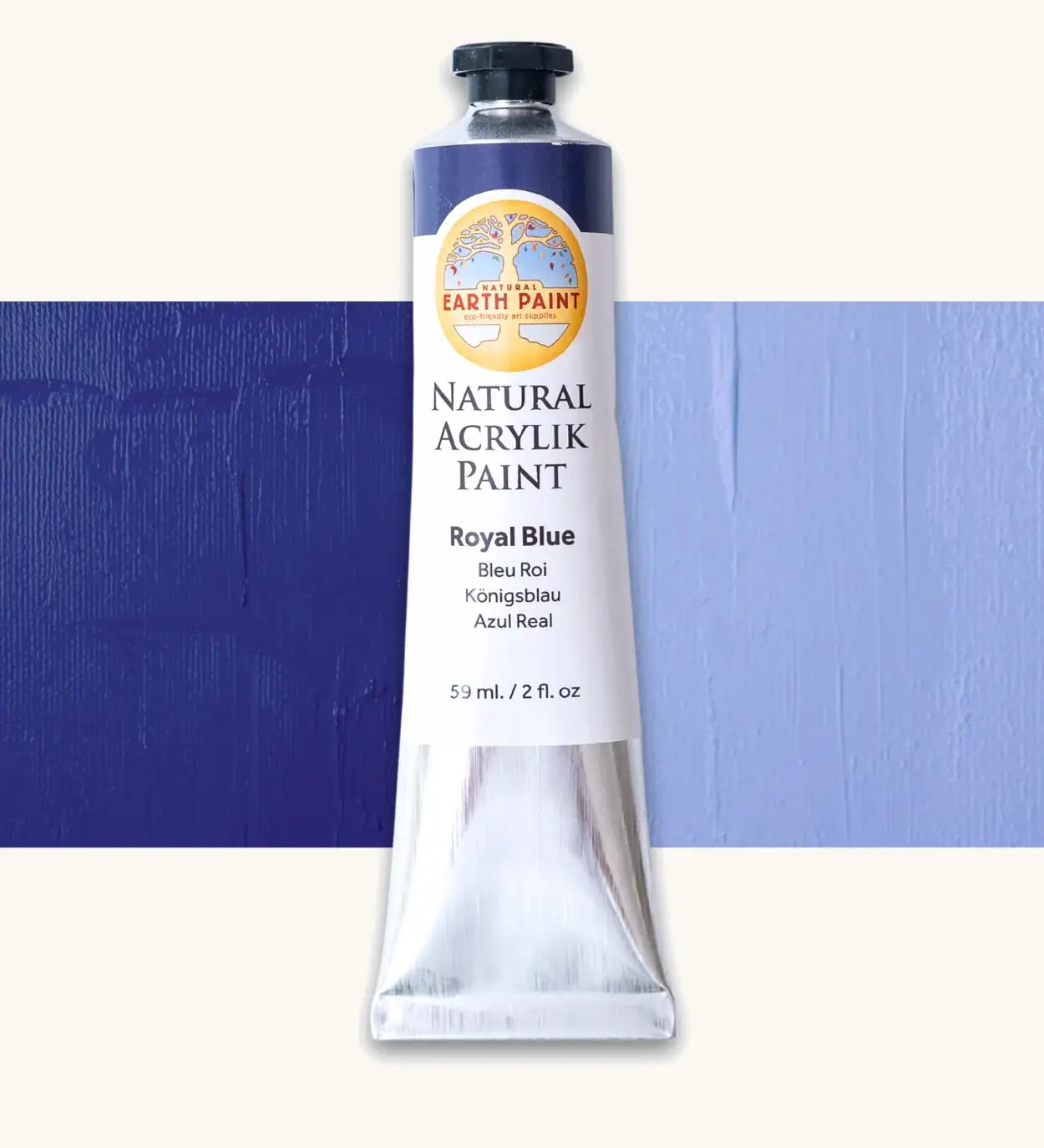 Natural Earth Paint royal blue natural acrylic paint in a 59ml aluminium tube and closed with a black screw cap.