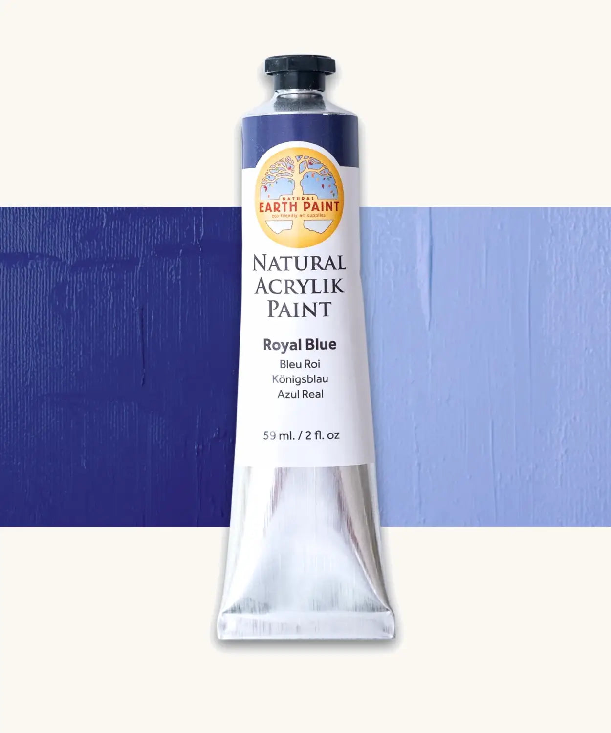 Natural Earth Paint royal blue natural acrylic paint in a 59ml aluminium tube and closed with a black screw cap.