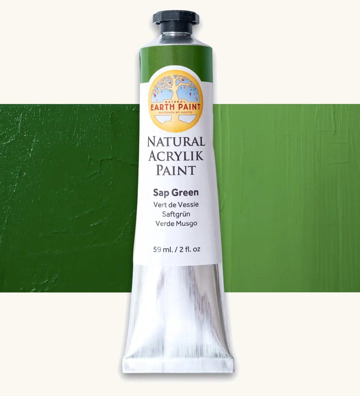 Natural Earth Paint sap green natural acrylic paint in a 59ml aluminium tube and closed with a black screw cap.