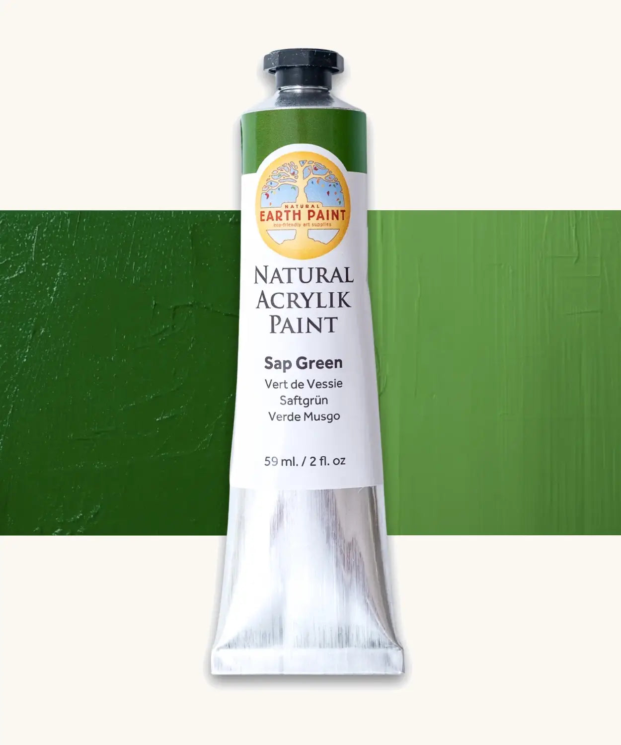 Natural Earth Paint sap green natural acrylic paint in a 59ml aluminium tube and closed with a black screw cap.