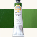 Natural Earth Paint sap green natural acrylic paint in a 59ml aluminium tube and closed with a black screw cap.
