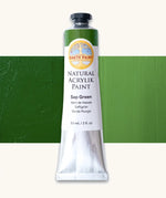 Natural Earth Paint sap green natural acrylic paint in a 59ml aluminium tube and closed with a black screw cap.