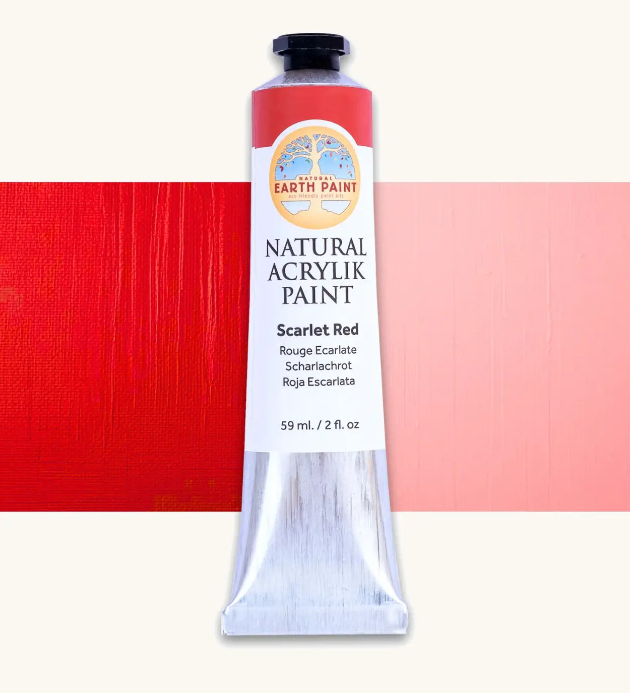 Natural Earth Paint scarlet red natural acrylic paint in a 59ml aluminium tube and closed with a black screw cap.