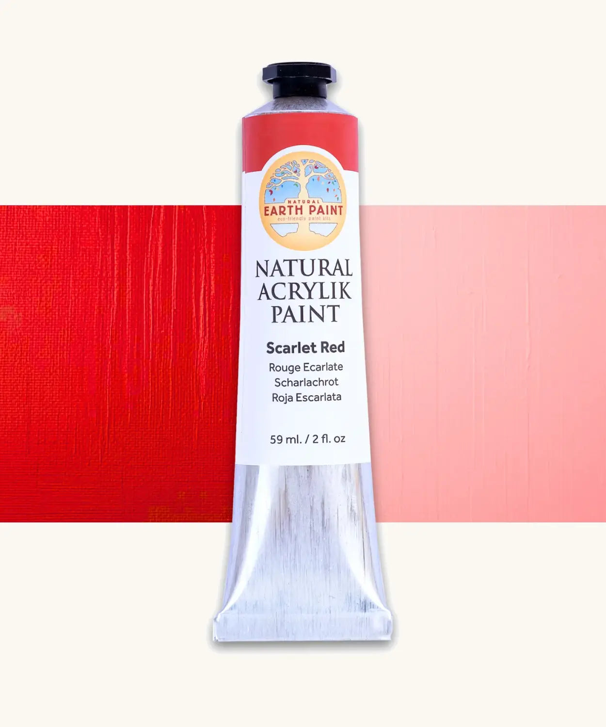 Natural Earth Paint scarlet red natural acrylic paint in a 59ml aluminium tube and closed with a black screw cap.