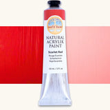 Natural Earth Paint scarlet red natural acrylic paint in a 59ml aluminium tube and closed with a black screw cap.