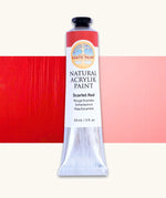 Natural Earth Paint scarlet red natural acrylic paint in a 59ml aluminium tube and closed with a black screw cap.