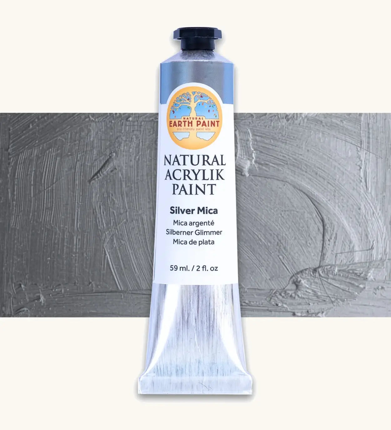 Natural Earth Paint silver mica natural acrylic paint in a 59ml aluminium tube and closed with a black screw cap.