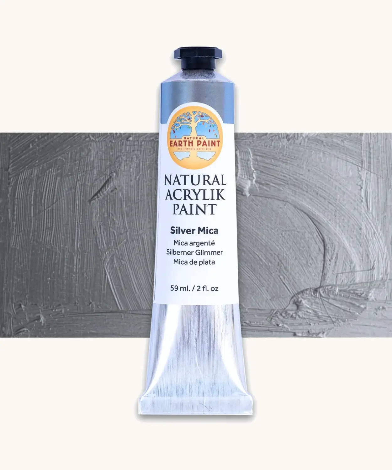 Natural Earth Paint silver mica natural acrylic paint in a 59ml aluminium tube and closed with a black screw cap.