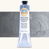 Natural Earth Paint silver mica natural acrylic paint in a 59ml aluminium tube and closed with a black screw cap.