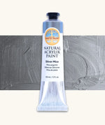 Natural Earth Paint silver mica natural acrylic paint in a 59ml aluminium tube and closed with a black screw cap.