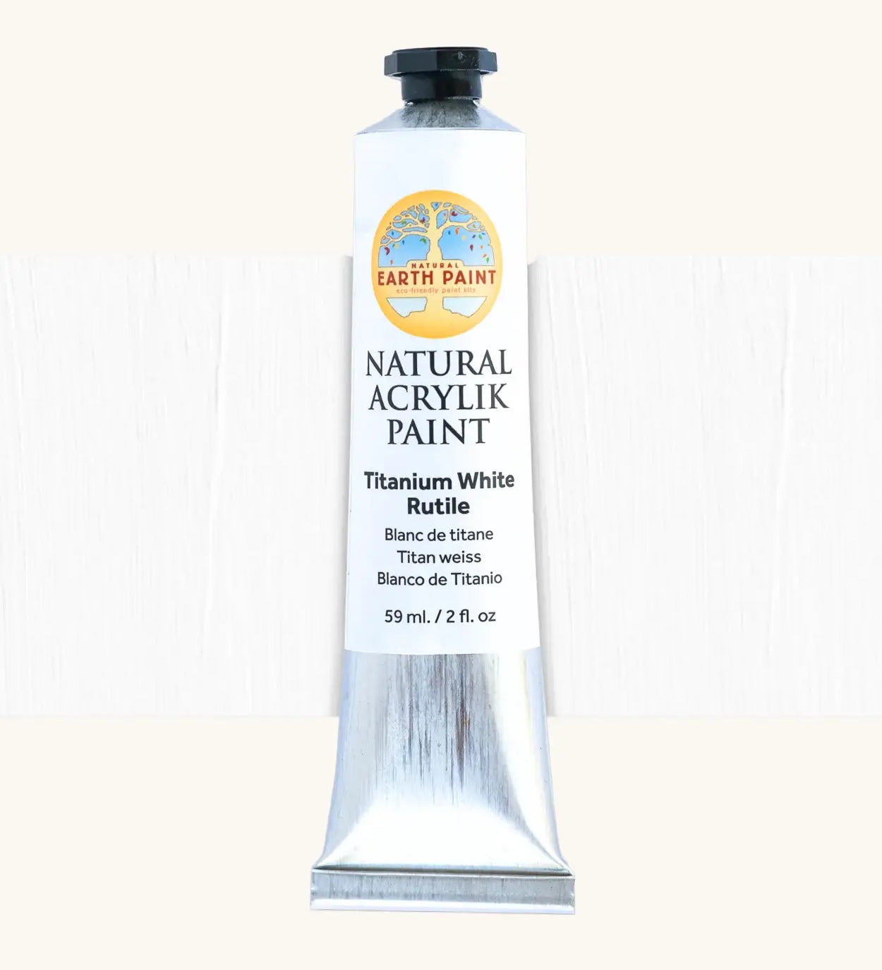 Natural Earth Paint titanium white natural acrylic paint in a 59ml aluminium tube and closed with a black screw cap.