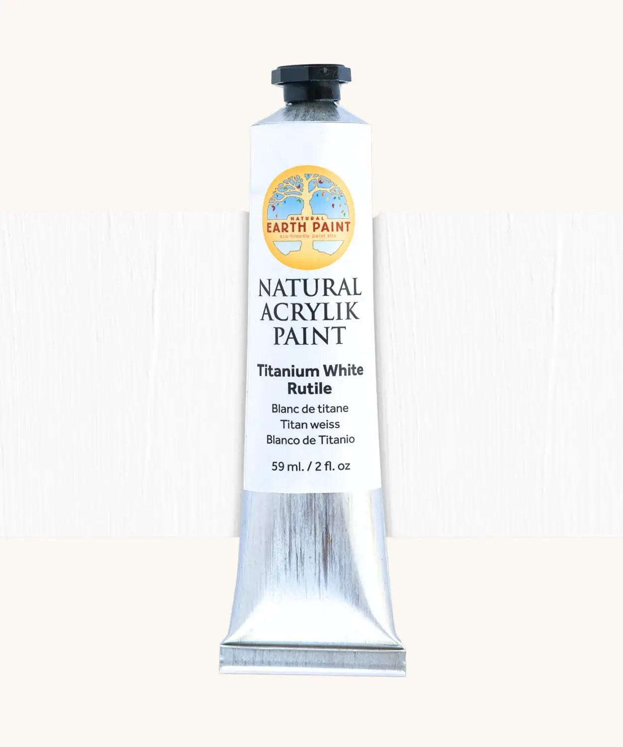 Natural Earth Paint titanium white natural acrylic paint in a 59ml aluminium tube and closed with a black screw cap.