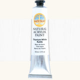 Natural Earth Paint titanium white natural acrylic paint in a 59ml aluminium tube and closed with a black screw cap.