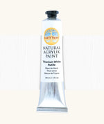 Natural Earth Paint titanium white natural acrylic paint in a 59ml aluminium tube and closed with a black screw cap.